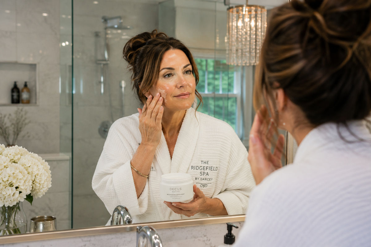 Woman applying facial exfoliant in a bathroom mirror for The Ridgefield Spa in Ridgefield, CT