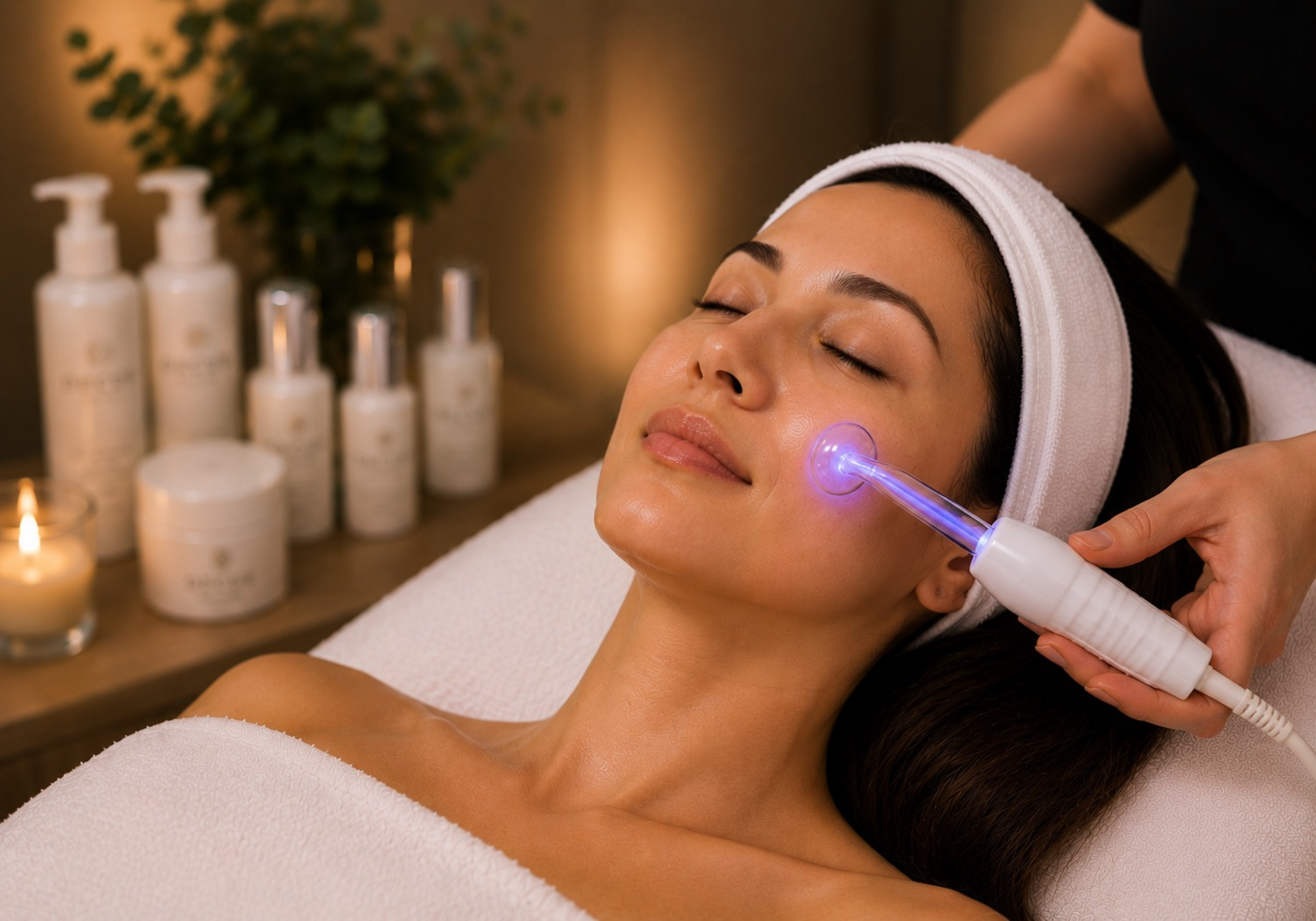 High-frequency facial treatment using a therapeutic electrode to promote clearer, healthier-looking skin during a customized facial at The Ridgefield Spa by Darcey in Ridgefield, CT.