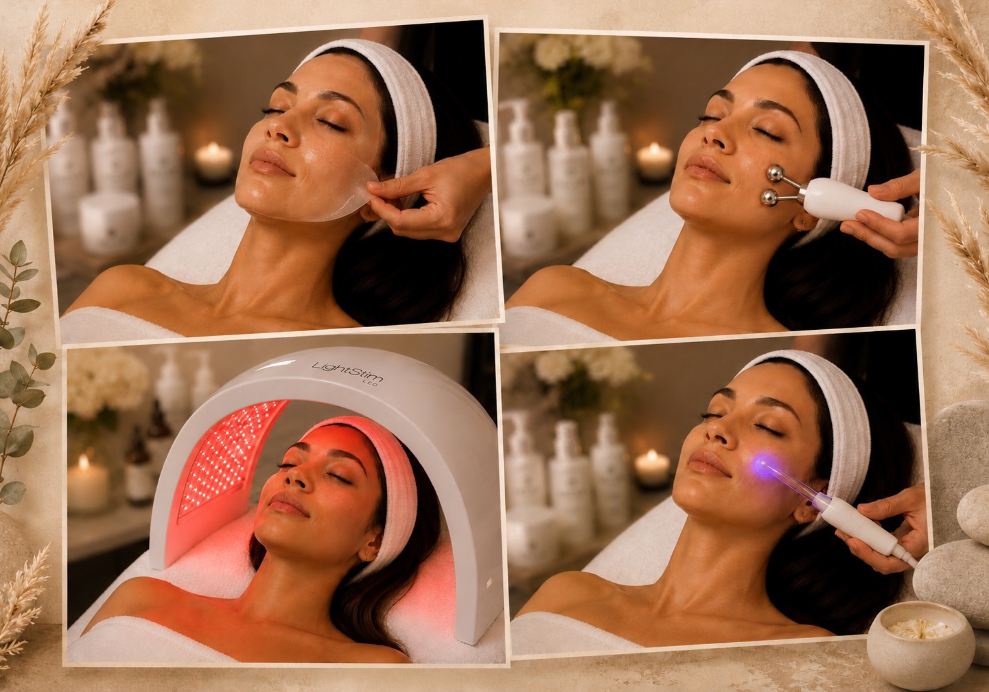 Collage showcasing advanced facial treatments including customized facials, microcurrent, LED light therapy, and professional skin rejuvenation at The Ridgefield Spa by Darcey in Ridgefield, CT.