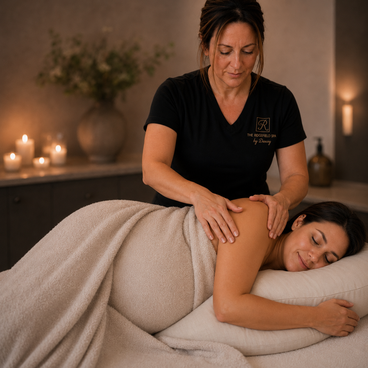 Licensed massage therapist providing a nurturing prenatal massage at The Ridgefield Spa by Darcey in Ridgefield, CT to help relieve muscle tension, reduce pregnancy discomfort, and promote relaxation for expectant mothers.