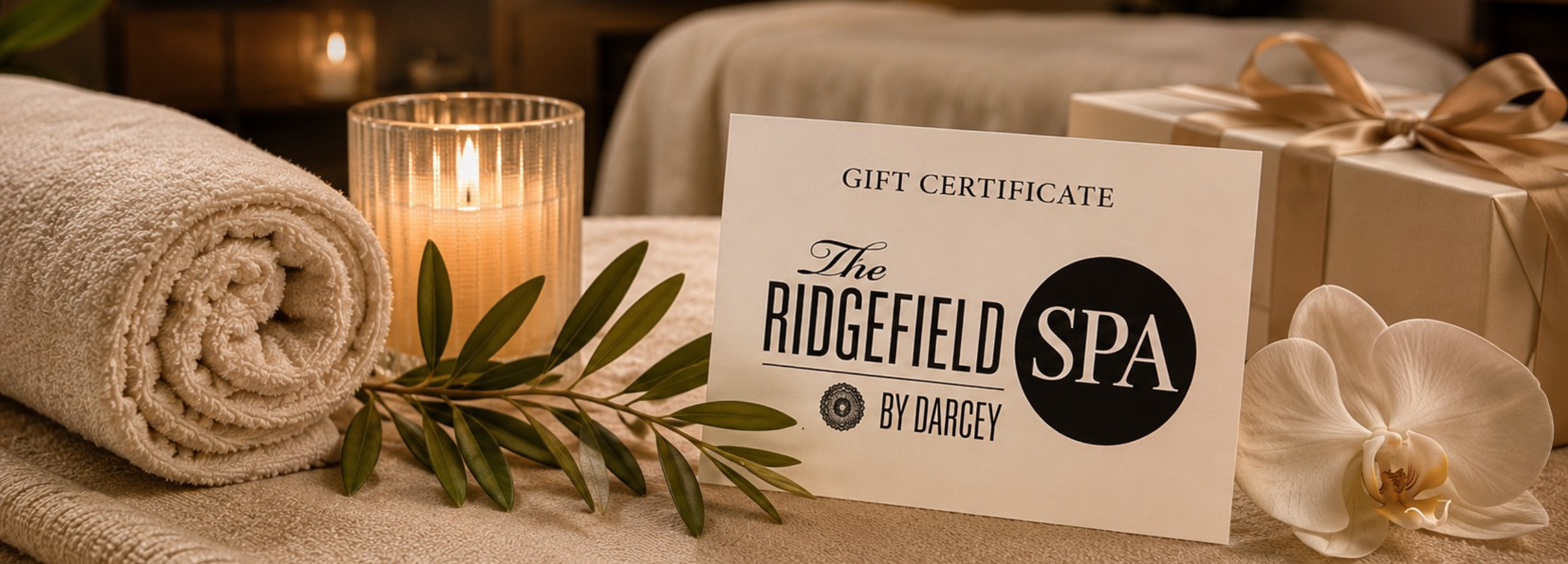 The Ridgefield Spa by Darcey gift certificate displayed beside a lit candle, rolled towel, orchid, and wrapped gift in a tranquil spa setting, ideal for birthdays, holidays, anniversaries, Mother’s Day, and wellness gifts in Ridgefield, CT.