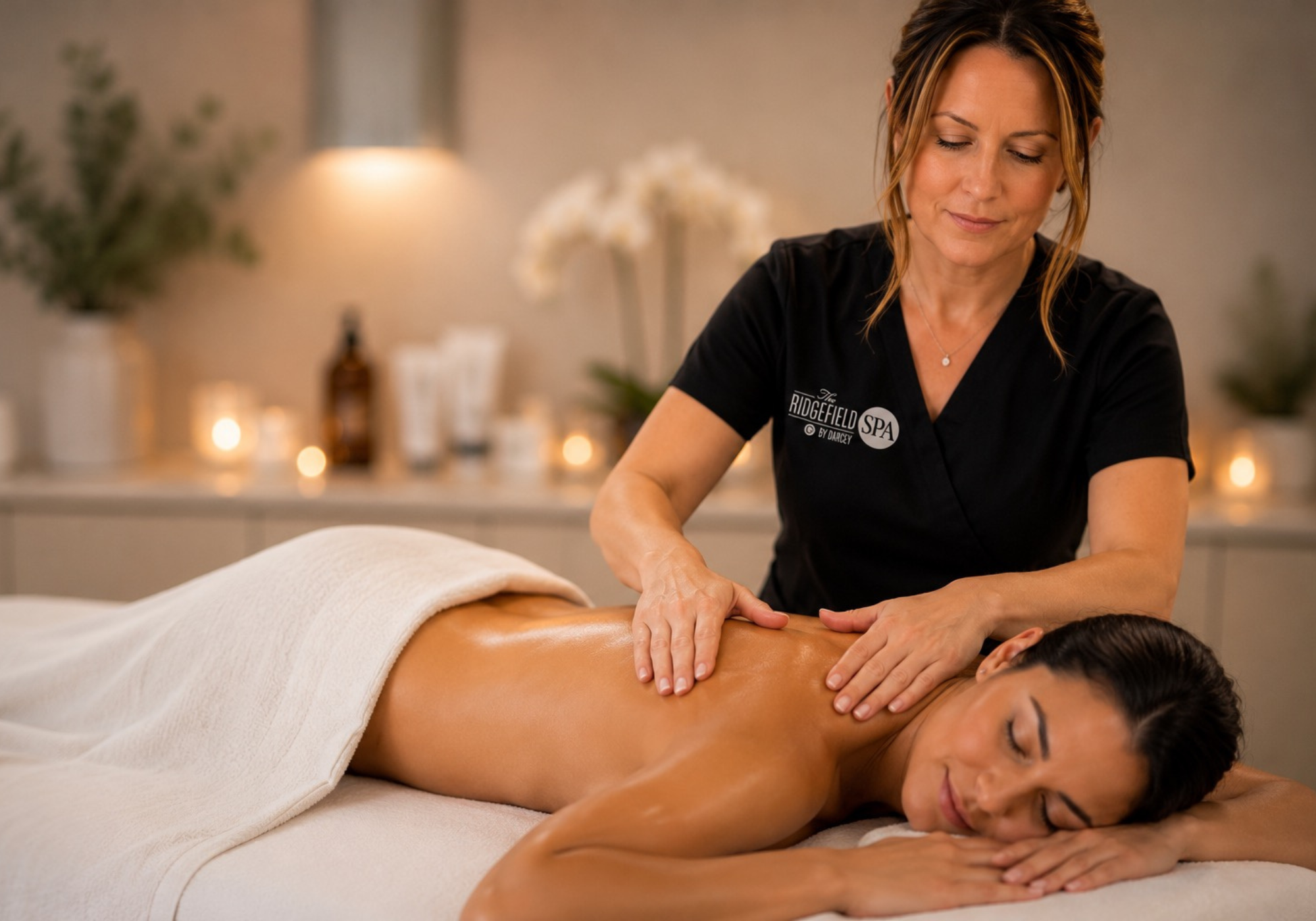 Licensed massage therapist providing a customized therapeutic massage at The Ridgefield Spa by Darcey in Ridgefield, CT to relieve muscle tension, reduce stress, improve circulation, and promote deep relaxation.