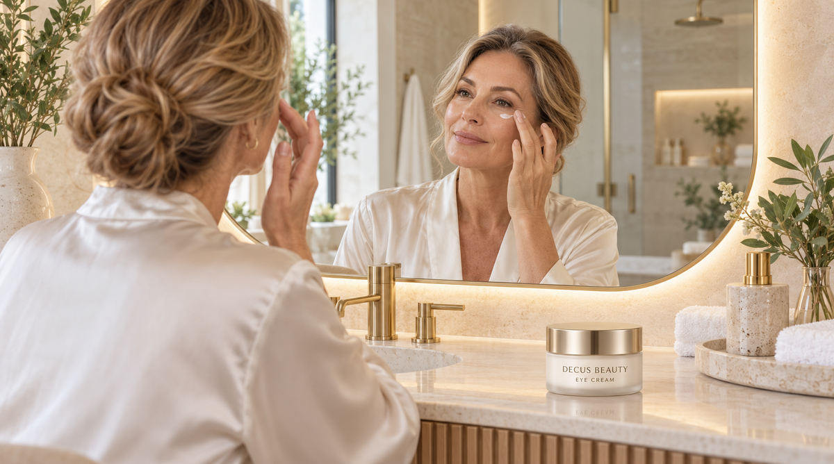 Woman applying eye cream in a bathroom mirror with Decus Beauty eye cream from The Ridgefield Spa by Darcey in Ridgefield, CT