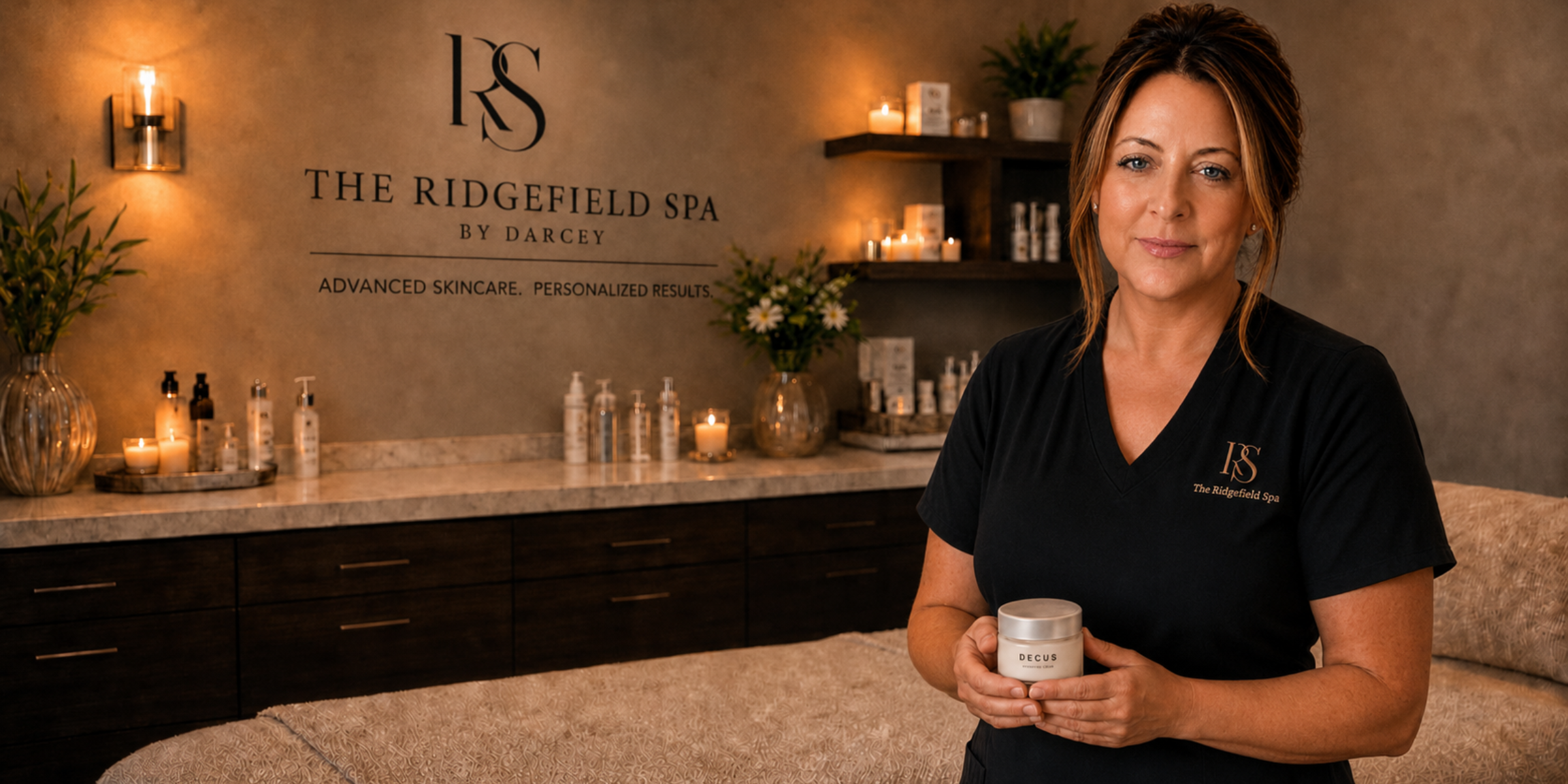 Darcey holding a Decus moisturizer in the treatment room at The Ridgefield Spa in Ridgefield, CT