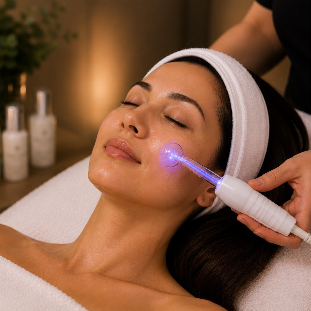 High-frequency facial treatment using a therapeutic electrode to promote clearer, healthier-looking skin during a customized facial at The Ridgefield Spa by Darcey in Ridgefield, CT.