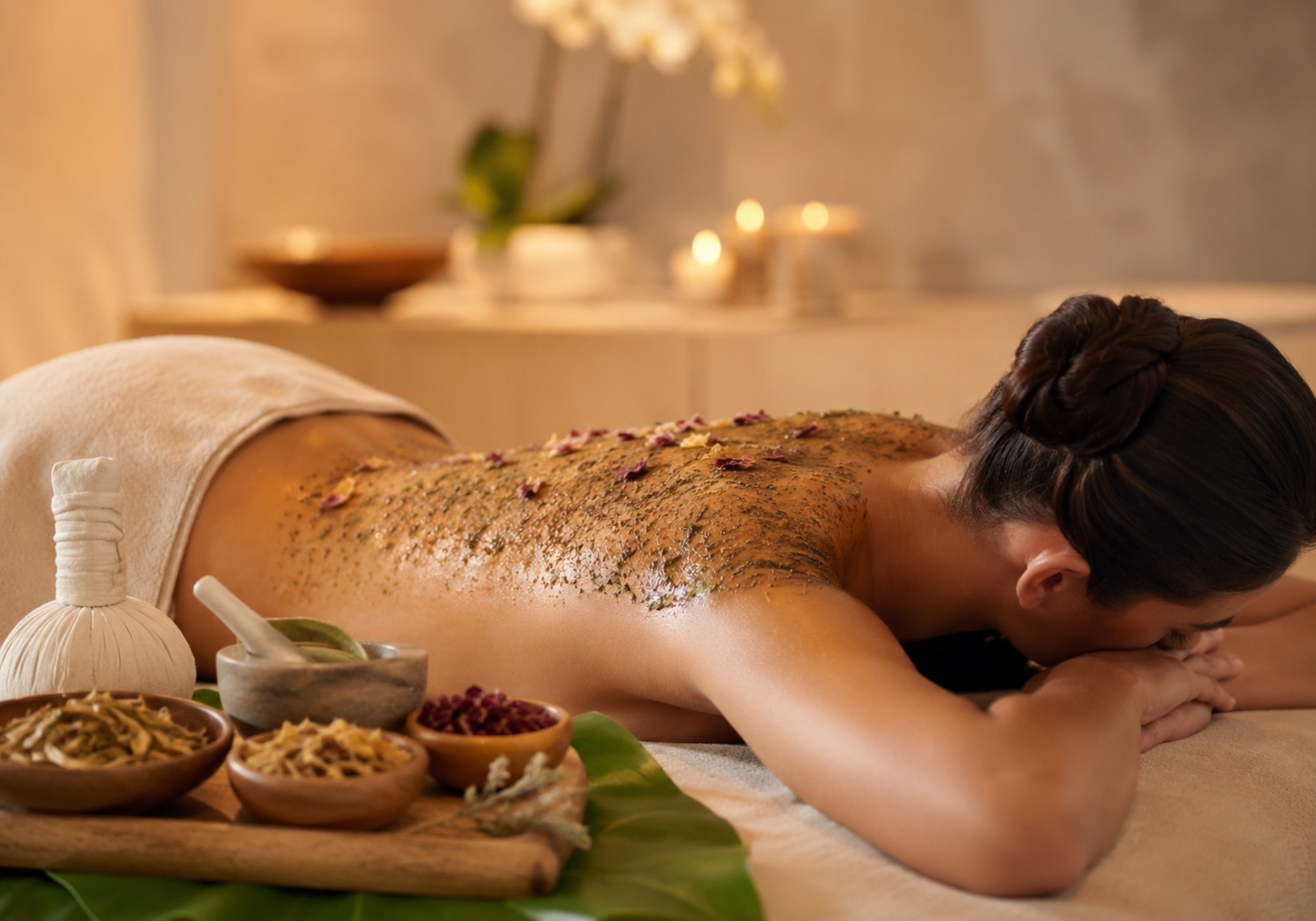 Client enjoying a Chinese Herbology Body Treatment at The Ridgefield Spa by Darcey in Ridgefield, CT, featuring a warm herbal body scrub with botanicals and traditional ingredients to nourish the skin, promote relaxation, and restore overall wellness.