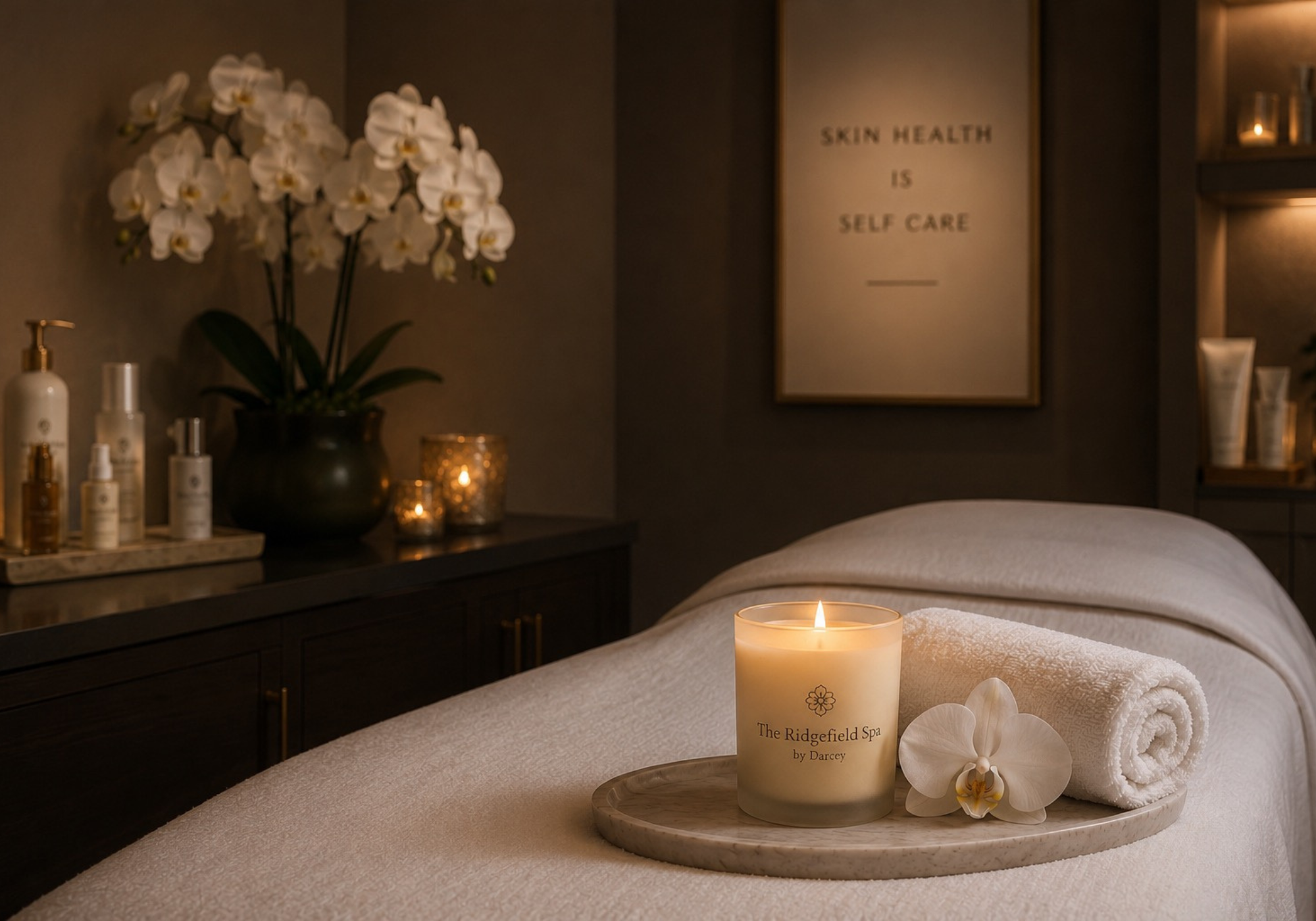 Relaxing treatment room at The Ridgefield Spa by Darcey in Ridgefield, CT, featuring a spa bed, candle, orchid, and calming environment for customized facial and skincare treatments.