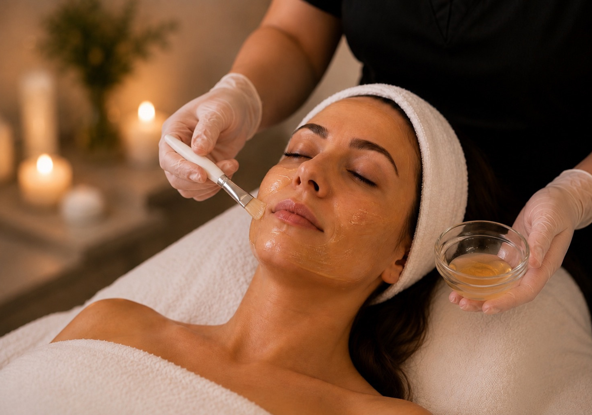 Licensed esthetician performing a professional Vitamin C facial treatment at The Ridgefield Spa in Ridgefield, CT to brighten dull skin and restore a healthy, radiant complexion.